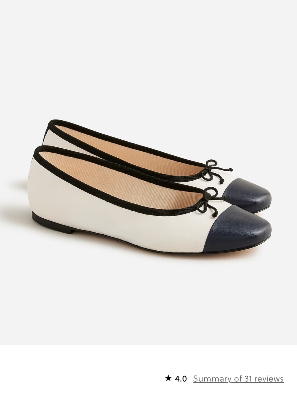 J.CREW Leather Zoe Bow Ballet Flats With Toe Cap 8.5 Ivory Navy $148 #BX921